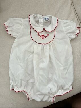 Vintage White Baby Bubble Romper with Red Trim